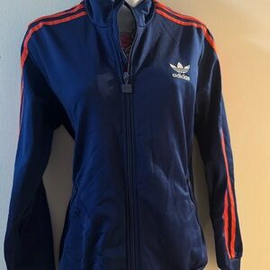 Adidas Women's Blue Bomber Jacket with Orange Stripes